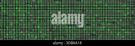 Abstrakter grüner digitaler Technologiehintergrund, Blueprint-Raster mit Schaltungslinien und Knoten auf dunklem Hintergrund. Live-Datensystem, Cybersicherheit, KI-Netz Stockfoto