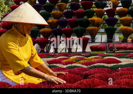 Der Blick auf eine lebendige Szene entfaltet sich mit einer Frau in traditionellem konischem Hut inmitten eines Meeres aus bunten Räucherstäbchen, Quang Phu, Ha Noi, Vietnam. Stockfoto