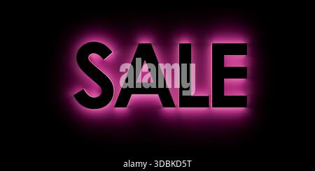 „SALE“-Text in 3D-Schwarz auf Schwarz mit rosafarbenem Lichteffekt. Reines Schwarz für einfache Erweiterbarkeit Stockfoto