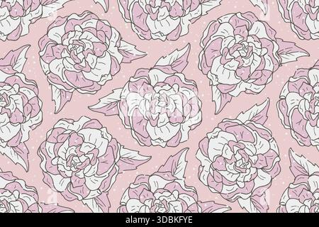 Nahtloses Muster mit handgezeichneten rosa und weißen Pfingstrosenblüten und Blättern auf rosa Hintergrund. Textil-Einrichtung im orientalischen Stil für Tapeten und Stoffe Stock Vektor