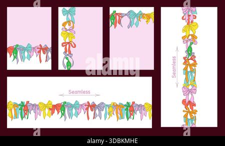 Sammlung farbenfroher handgezeichneter Bandrahmen und Borten im Coquette-Stil. Farbenfrohe Bögen zieren Karten und nahtlose Ränder. Design für Grußkarte, Einladung, Hochzeit, Kindergeburtstag. Stock Vektor