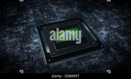 Brasilianische Digitaltechnologie markiert Cyber auf der Computer-CPU im Hintergrund. Illustration des brasilianischen Banners Cyberangriffe und Spionage. Stockfoto