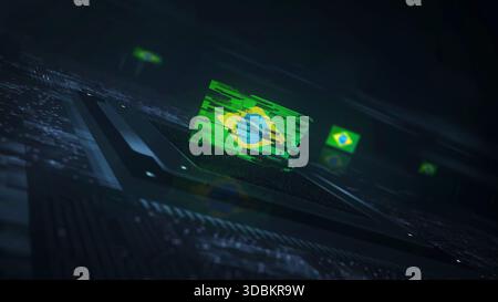 Brasilianische Digitaltechnologie markiert Cyber auf der Computer-CPU im Hintergrund. Illustration des brasilianischen Banners Cyberangriffe und Spionage. Stockfoto