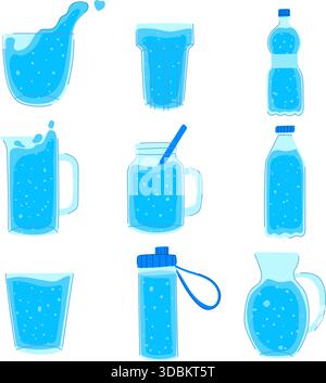 Anzeige von Wasser in verschiedenen transparenten Behältern Stock Vektor