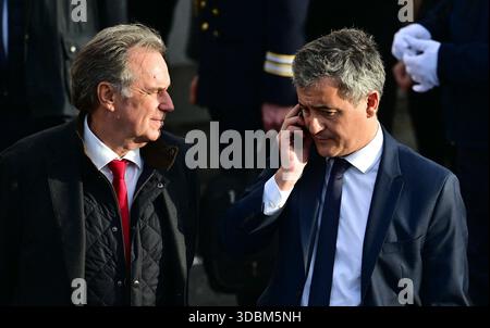Marseille, Frankreich. Dezember 2025. Renaud Muselier, Président de la région, provencedure Einweihung der Polizeistation in Marseille. Alpeswährend der Einweihung der Polizeistation in Marseille. Côte d'Azur, Gérald Darmanin, Minister de l'Intérieur bei der Einweihung der Polizeiwache in Marseille. Der Präsident der Französischen Republik, E. Macron, wird am 16. Dezember 2025 die Polizeistation für das 13. Und 14. Arrondissement von Marseille einweihen. Foto: Christian Liewig/Pool/ABACAPRESS.COM Credit: Abaca Press/Alamy Live News Stockfoto