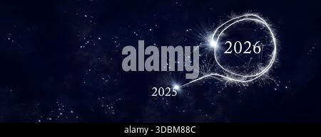 Symbolischer Übergang ins neue Jahr 2026 am Sternenhimmel. Hintergrund für Silvesterabend und Neujahrsgrüße. Leerzeichen für Text. Stockfoto