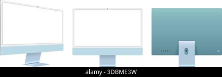 All-in-One-Computer-Modellschablone mit Standfuß im Vorder-, Seiten- und Rückwinkel. Realistisches Desktop-pc-Gerät in grüner Farbe mit leerem Bildschirm Stock Vektor