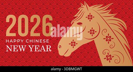 Сhinese Neujahrsgrußkarte 2026 mit goldenem Pferd, rotem ornamentalem Hintergrund und festlicher Schriftart. Vektorabbildung. Stock Vektor