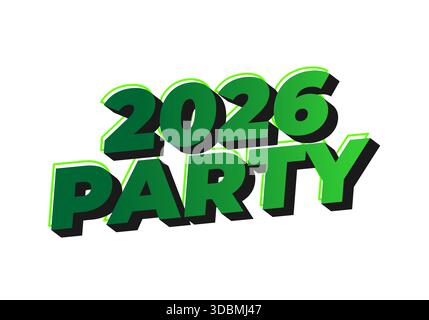Auffälliges, farbenfrohes Textdesign mit den Worten 2026 PARTY in Grün und Schwarz, geeignet für Veranstaltungen oder Feiern. Stock Vektor