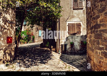 Aus der Vogelperspektive auf die sonnenverwöhnten Kopfsteinpflasterstraßen und rustikalen Steinbauten bilden ein zeitloses Tableau, Grožnjan, Grafschaft Istrien, Kroatien. Stockfoto