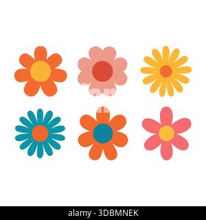 Groovige Retro Flower Power Icons Flaches Design Set Stock Vektor