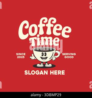 Retro Coffee Time Mascot Logo Design Vintage Cafe Charakter Stock Vektor