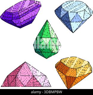 Farbenfrohe facettierte Edelsteine und Diamanten mit Skizzen Stock Vektor