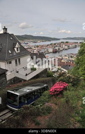 Blick von der Dachterrasse auf den Hafen in Bergen, Westnorwegen, einschließlich einer Standseilbahn auf Floibanen, der Mount Floyen Railway. Stockfoto