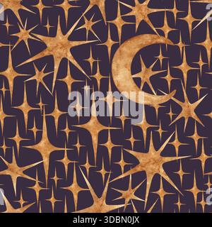 Stern Mond Antik Gold Aquarell Hand gezeichnet nahtlose Muster himmlische mystische Nachthimmel dunkel lila Marine Hintergrund Stockfoto