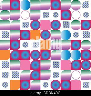 Lebendiges geometrisches abstraktes Muster mit Verläufen, Kreisen, Quadraten und floralen Akzenten für digitale Kunst Stock Vektor