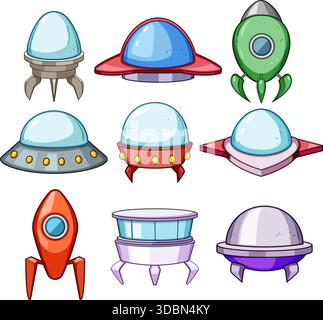 Cartoon Alien Raumschiffe fliegende Untertassen Vektor-Illustration Set Stock Vektor