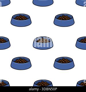 Nahtloses Vektormuster von blauen Tierschüsseln gefüllt mit braunem Kroketten, wodurch ein sich wiederholender Hintergrund für tierische Themen entsteht. Stock Vektor
