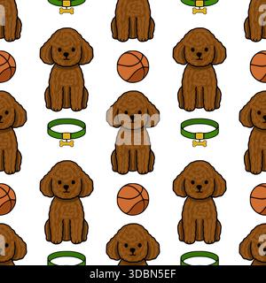 Entzückender brauner Pudel Hund und Basketball nahtlose Vektormuster mit einem verspielten Hundekragen Akzent. Stock Vektor