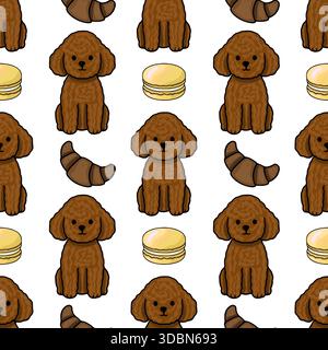 Entzückender Pudelhund und französisches Gebäck nahtlose Vektormuster mit einem charmanten, skurrilen Gefühl. Stock Vektor