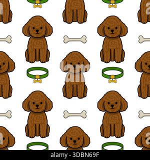 Ein bezauberndes nahtloses Vektormuster mit bezaubernden braunen Pudeln, Bonbons und grünen Kragen, perfekt für verspielte Hintergründe und Haustiermotive Stock Vektor