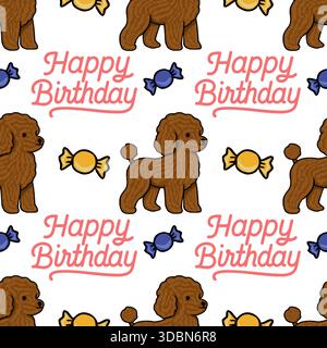 Nahtloses Vektormuster mit verspielten braunen Pudeln und bunten Bonbons, mit einem „Happy Birthday“-Gruß in einer bezaubernden Schriftart, perfekt für Stock Vektor