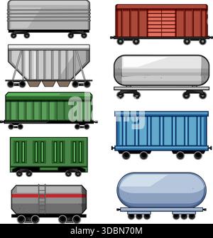 Verschiedene Güterzugwagen, die verschiedene Ladungsarten transportieren Stock Vektor