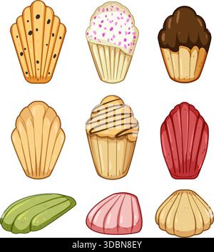 Auswahl an Gourmet madeleine Kuchen und Cupcakes Set Stock Vektor