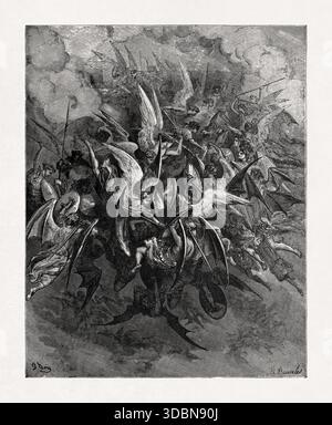 Schwarz-weiß-Gravur von Gustave Doré, der den Krieg im Himmel darstellt und eine Szene aus John Miltons Epos Paradise Lost illustriert. Stockfoto