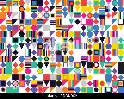 Lebendiges geometrisches Muster mit bunten Quadraten, Kreisen und Dreiecken auf weißem Hintergrund Stock Vektor