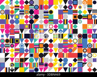 Im Retro-Stil inspiriertes abstraktes geometrisches Muster mit Kreisen, Quadraten und Dreiecken in hellen Farben Stock Vektor