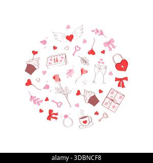 Love Elements Set. Handgezeichnete Dekorationselemente zum Valentinstag. Zeichentricksymbole. Illustration der Vektorabwicklung. Stock Vektor