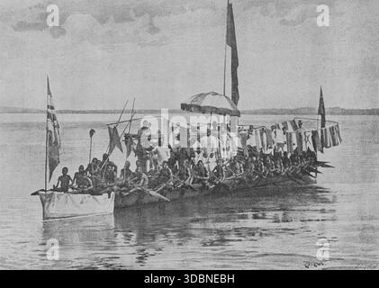 Friedrich Wilhelm Koko Mingi VIII. Von Nembe (1853–1898), bekannt als König Koko und König William Koko. Afrikanischer Herrscher des Nembe-Königreichs (auch bekannt als Nembe-Brass) im Nigerdelta, heute Teil des südlichen Nigerias. König Koko Mingi VIII. Kriegskanu auf dem Brass River. Gefangengenommene feindliche Flaggen, die das Deck schmücken. Foto von André & Sleigh. "La conquista de Africa" (die Eroberung Afrikas), von Alfredo Opisso. Band II. Veröffentlicht in Barcelona (Spanien) von Molinas y Maza Editores, 1911. Stockfoto