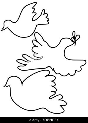 Tauben. Handgezeichnete Taubensymbole isoliert auf weißem Hintergrund. Symbole des Friedens und des Heiligen Geistes im Christentum. Ein fliegender Vogel in einer Linie. Stock Vektor