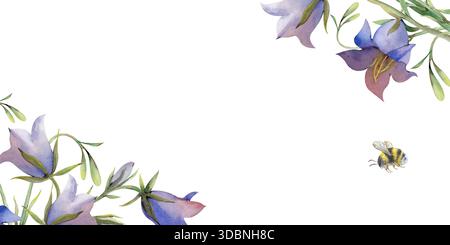 Rechteckiger Rahmen mit Glocken und einer fliegenden Hummel auf isoliertem Hintergrund. Aquarellillustration realistischer Wildblumen. Blumenschablone mit Stockfoto