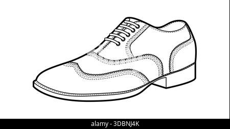 Einteilige Brogue-Linie mit Spitze für Herren. Schuhe aus perforiertem Leder mit klassischem Flügelspitzendetail, eleganter, legerer Bürostil. Technische Illustration CAD-Modell Skizzenvektorkontur isoliert auf weiß. Stock Vektor