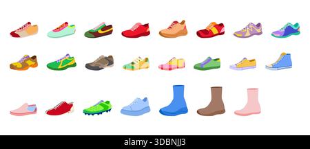 Sneakers Schuhfarbe Set. Sportliches Laufen Tennis Wandern Skate, Fußball-Sneakers, Turnschuhe, Canvas, High-Top-Stretch-Trainerkollektion. Mode Schuhe, helle Palette, flache Vektor Illustration Sport Stock Vektor