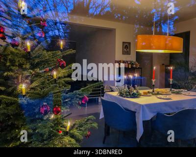 Blick von außen durch ein Fenster in ein festlich dekoriertes Wohnzimmer mit Weihnachtsbaum, festliche Dekoration im Essbereich Stockfoto
