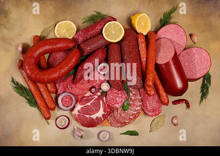 Köstliche, aromatische Vorspeisen verschiedener Salamis für die Feiertage. Eine Auswahl an verschiedenen geräucherten und getrockneten Würstchen und Gewürzen auf einem Küchenkorb Stockfoto