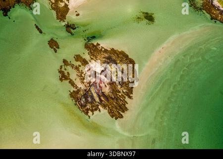 Blick Aus Der Vogelperspektive Auf Rocky Island Mit Sandstrand In Türkisfarbenem Wasser Und Flachen Riffen, Galway, Irland Stockfoto