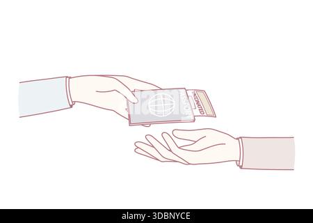 Der Mann überreicht dem Steward, der während des 19-fachen Covid-Jahres ins Ausland reist, einen Pass mit Impfpass. Männlicher Kunde übergibt Dokument mit Immunitätsausweis gegen Corona. Flache Vektorgrafik. Stock Vektor