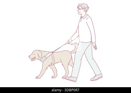 Blinder Mann geht mit einem Blindenhund im Freien. Professionell ausgebildeter Haustierwelpe hilft behinderten Kerl auf der Straße. Konzept für optische Beeinträchtigungen. Service Tier und Menschen. Vektorgrafik. Stock Vektor