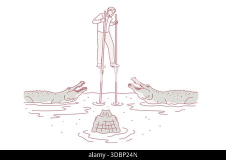 Business Danger and Challenge Konzept. Junge gestresste Geschäftsmann zu Fuß auf Stelzen über den Fluss voller Krokodile Gefühl gefährlich Vektor-Illustration Stock Vektor
