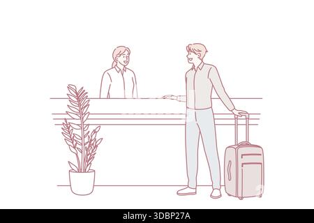 Check-in und Rezeptionskonzept. Junger Mann, Gast, der während des Eincheckens mit einer jungen Dame an der Rezeption im Hotel stand und sich mit ihr kommunizierte Stock Vektor