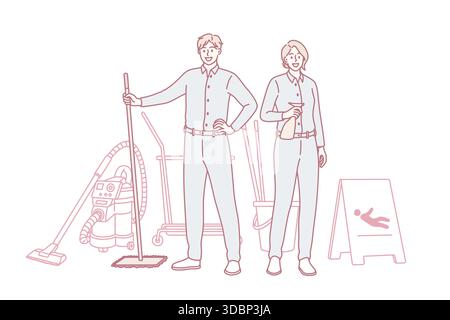 Hausarbeit und Reinigungskräfte Konzept. Junge lächelnde Frau und Mann Reiniger in blauen Uniform stehend halten Werkzeuge für die Reinigung in den Händen Vektor-Illustration Stock Vektor