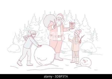 Lächelnder Weihnachtsmann begrüßt Kinder im Freien mit Neujahrsgeschenke. Happy Father Christmas gratuliert Kindern, die draußen mit Geschenken an den Winterferien spielen. Flache Vektorgrafik. Stock Vektor