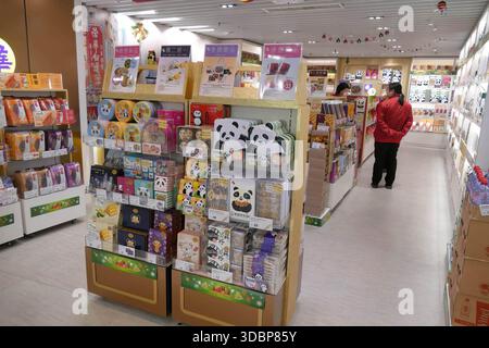 HONGKONG - 7. Dezember 2019 - Souvenirshop in Hongkong, in dem eine große Auswahl an Panda-Keksen, Snacks und Süßwaren im Ausstellungsregal angeboten wird Stockfoto