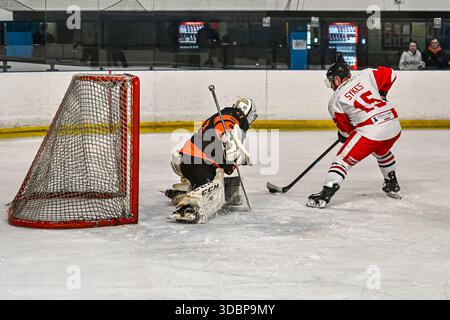 Action der Billingham Stars gegen Telford Tigers in der National Ice Hockey League (N) Moralee Division 1 im Forum, Billingham am Sonntag, den 14. Dezember 2025. (Foto: Scott Llewellyn | MI News) Stockfoto