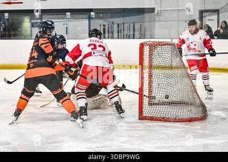 Action der Billingham Stars gegen Telford Tigers in der National Ice Hockey League (N) Moralee Division 1 im Forum, Billingham am Sonntag, den 14. Dezember 2025. (Foto: Scott Llewellyn | MI News) Stockfoto