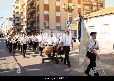 Entrada Cristiana, Vorbereitung, Musiker, Moros y Cristianos, Guardamar del Segura, Vega Baja, Costa Blanca, Alicante, Spanien, Stockfoto